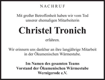 Traueranzeige von Christel Tronich  von Magdeburger Volksstimme