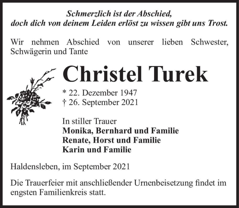  Traueranzeige für Christel Turek  vom 29.09.2021 aus Magdeburger Volksstimme