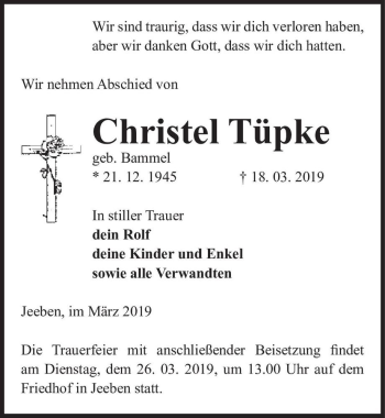 Traueranzeige von Christel Tüpke (geb. Bammel)  von Magdeburger Volksstimme