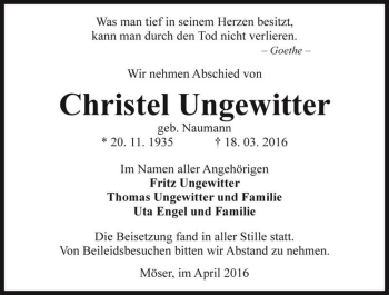Traueranzeige von Christel Ungewitter (geb. Naumann)  von Magdeburger Volksstimme