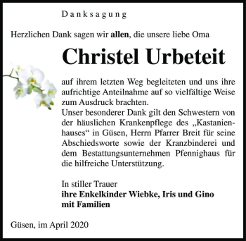 Traueranzeige von Christel Urbeteit  von Magdeburger Volksstimme