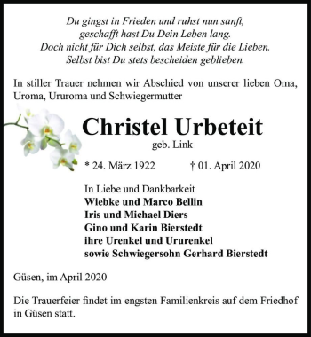 Traueranzeige von Christel Urbeteit (geb. Link)  von Magdeburger Volksstimme
