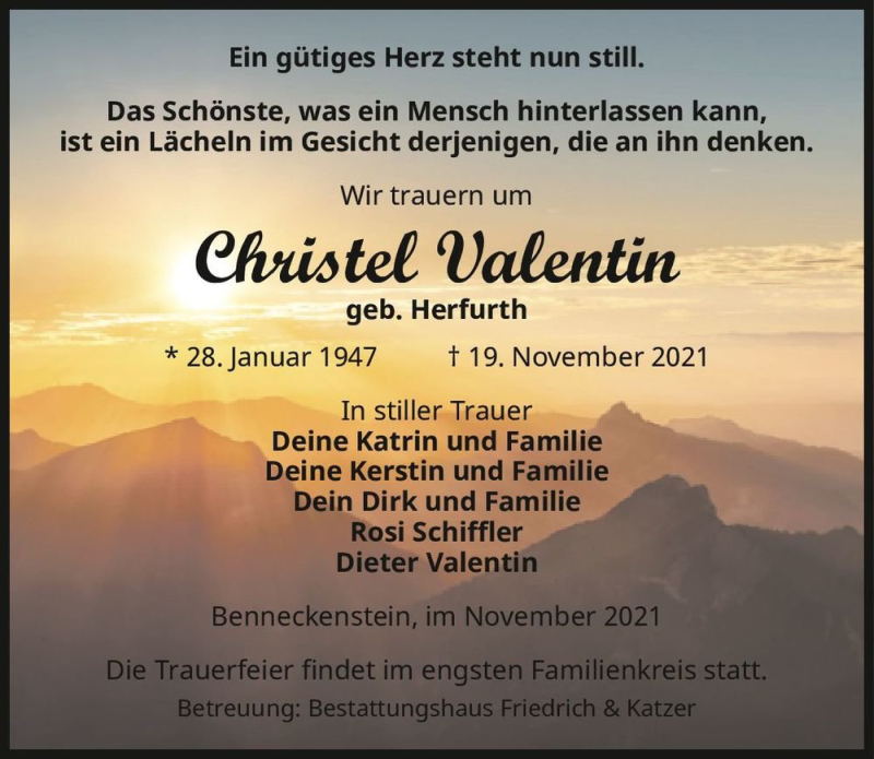  Traueranzeige für Christel Valentin (geb. Herfurth)  vom 27.11.2021 aus Magdeburger Volksstimme