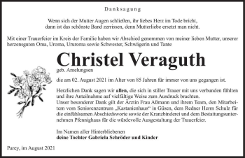 Traueranzeige von Christel Veraguth (geb. Amelungen)  von Magdeburger Volksstimme
