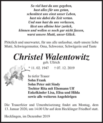 Traueranzeige von Christel Walentowitz (geb. Ullrich)  von Magdeburger Volksstimme