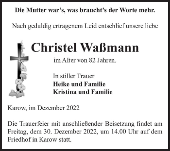 Traueranzeige von Christel Waßmann  von Magdeburger Volksstimme