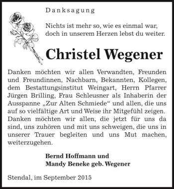 Traueranzeige von Christel Wegener  von Magdeburger Volksstimme