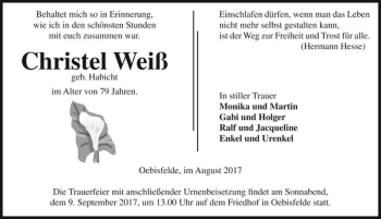 Traueranzeige von Christel Weiß (geb. Habicht)  von Magdeburger Volksstimme