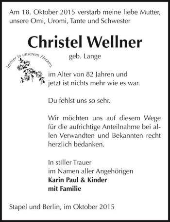 Traueranzeige von Christel Wellner (geb. Lange)  von Magdeburger Volksstimme