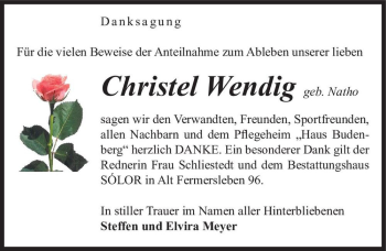 Traueranzeige von Christel Wendig (geb. Natho)  von Magdeburger Volksstimme
