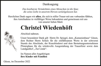 Traueranzeige von Christel Wiedenhöft  von Magdeburger Volksstimme
