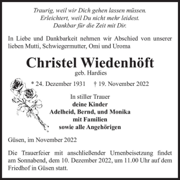 Traueranzeige von Christel Wiedenhöft (geb. Hardies)  von Magdeburger Volksstimme