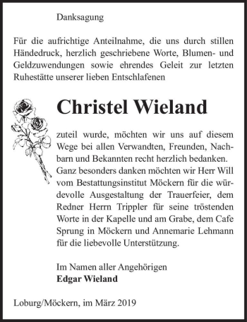 Traueranzeige von Christel Wieland  von Magdeburger Volksstimme