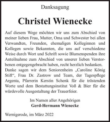 Traueranzeige von Christel Wienecke  von Magdeburger Volksstimme