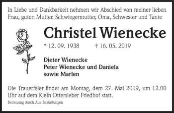 Traueranzeige von Christel Wienecke  von Magdeburger Volksstimme