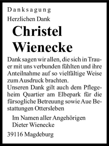 Traueranzeige von Christel Wienecke  von Magdeburger Volksstimme
