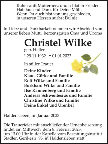 Traueranzeige von Christel Wilke (geb. Heller)  von Magdeburger Volksstimme