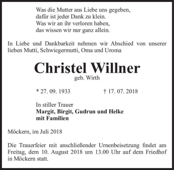 Traueranzeige von Christel Willner (geb. Wirth)  von Magdeburger Volksstimme