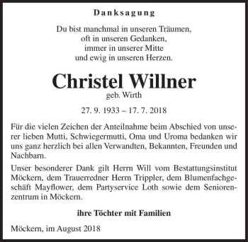 Traueranzeige von Christel Willner (geb. Wirth)  von Magdeburger Volksstimme