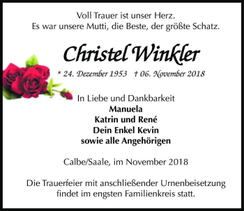 Traueranzeige von Christel Winkler  von Magdeburger Volksstimme