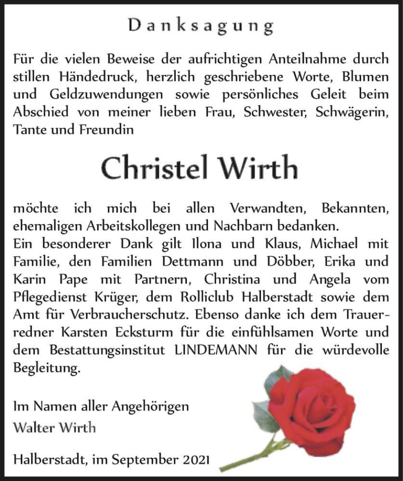  Traueranzeige für Christel Wirth  vom 02.10.2021 aus Magdeburger Volksstimme