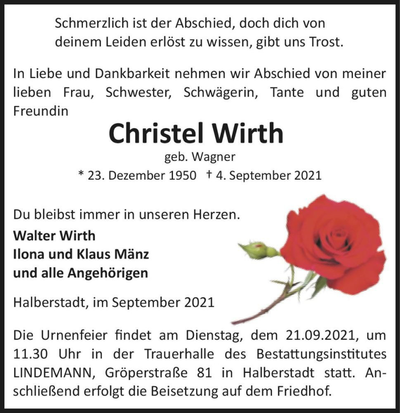  Traueranzeige für Christel Wirth (geb. Wagner)  vom 11.09.2021 aus Magdeburger Volksstimme