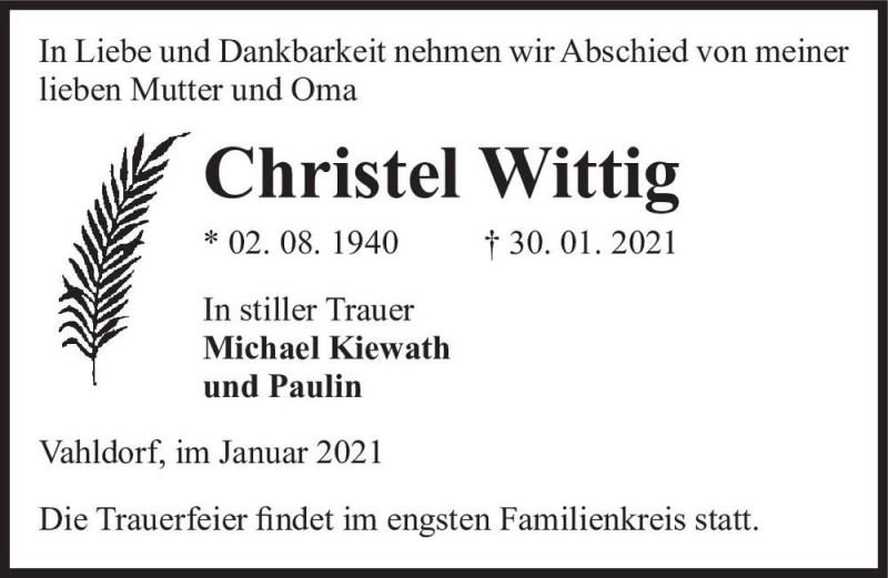  Traueranzeige für Christel Wittig  vom 06.02.2021 aus Magdeburger Volksstimme