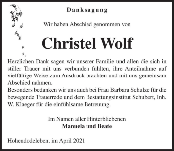 Traueranzeige von Christel Wolf  von Magdeburger Volksstimme
