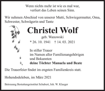 Traueranzeige von Christel Wolf (geb. Wanowski)  von Magdeburger Volksstimme