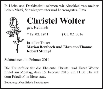 Traueranzeige von Christel Wolter (geb. Hellmuth)  von Magdeburger Volksstimme