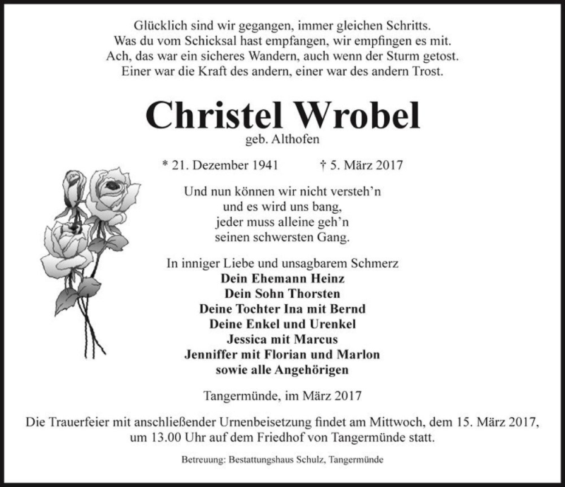  Traueranzeige für Christel Wrobel (geb. Althofen)  vom 10.03.2017 aus Magdeburger Volksstimme