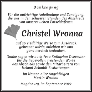Traueranzeige von Christel Wronna  von Magdeburger Volksstimme