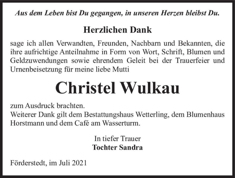  Traueranzeige für Christel Wulkau  vom 31.07.2021 aus Magdeburger Volksstimme