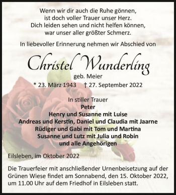 Traueranzeige von Christel Wunderling (geb. Meier)  von Magdeburger Volksstimme