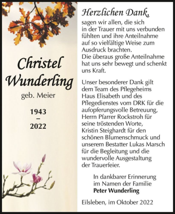 Traueranzeige von Christel Wunderling (geb. Meier)  von Magdeburger Volksstimme