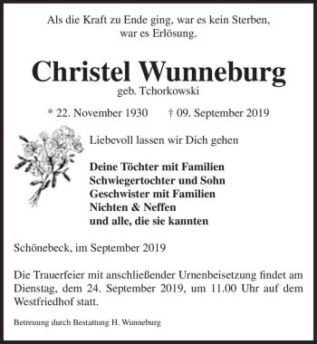 Traueranzeige von Christel Wunneburg (geb. Tchorkowski)  von Magdeburger Volksstimme