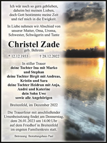 Traueranzeige von Christel Zade (geb. Behrens)  von Magdeburger Volksstimme