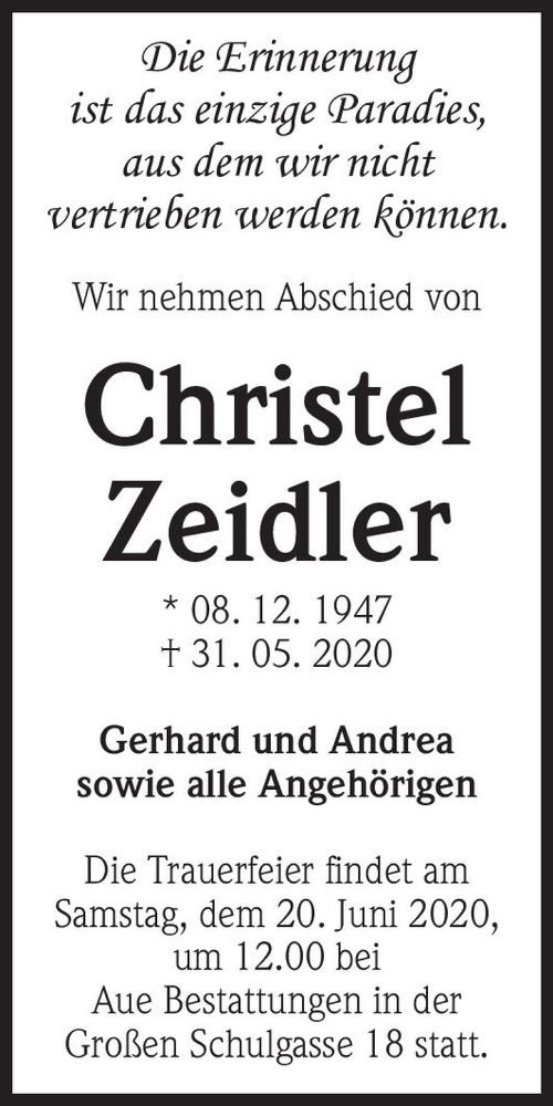 Traueranzeige für Christel Zeidler  vom 06.06.2020 aus Magdeburger Volksstimme