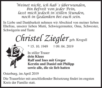 Traueranzeige von Christel Ziegler (geb. Krogull)  von Magdeburger Volksstimme