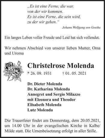 Traueranzeige von Christelrose Molenda  von Magdeburger Volksstimme