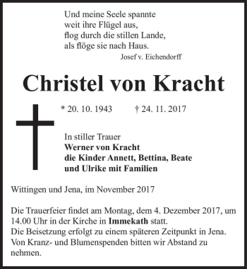 Traueranzeige von Christel von Kracht  von Magdeburger Volksstimme