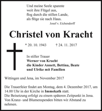 Traueranzeige von Christel von Kracht  von Magdeburger Volksstimme