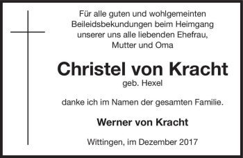 Traueranzeige von Christel von Kracht (geb. Hexel)  von Magdeburger Volksstimme