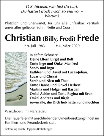 Traueranzeige von Christian (Billy, Fredi) Frede  von Magdeburger Volksstimme