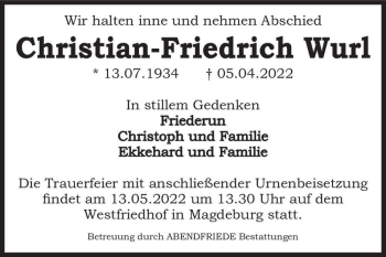 Traueranzeige von Christian-Friedrich Wurl  von Magdeburger Volksstimme