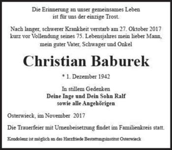 Traueranzeige von Christian Baburek  von Magdeburger Volksstimme