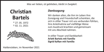Traueranzeige von Christian Bartels  von Magdeburger Volksstimme