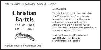 Traueranzeige von Christian Bartels  von Magdeburger Volksstimme