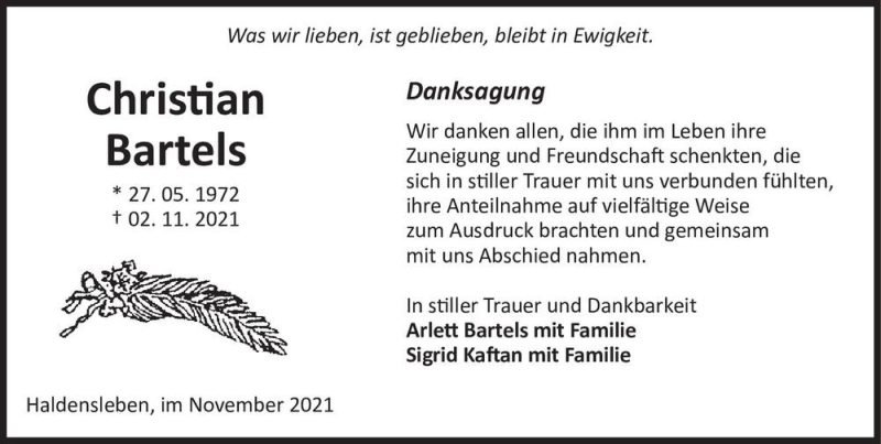  Traueranzeige für Christian Bartels  vom 27.11.2021 aus Magdeburger Volksstimme