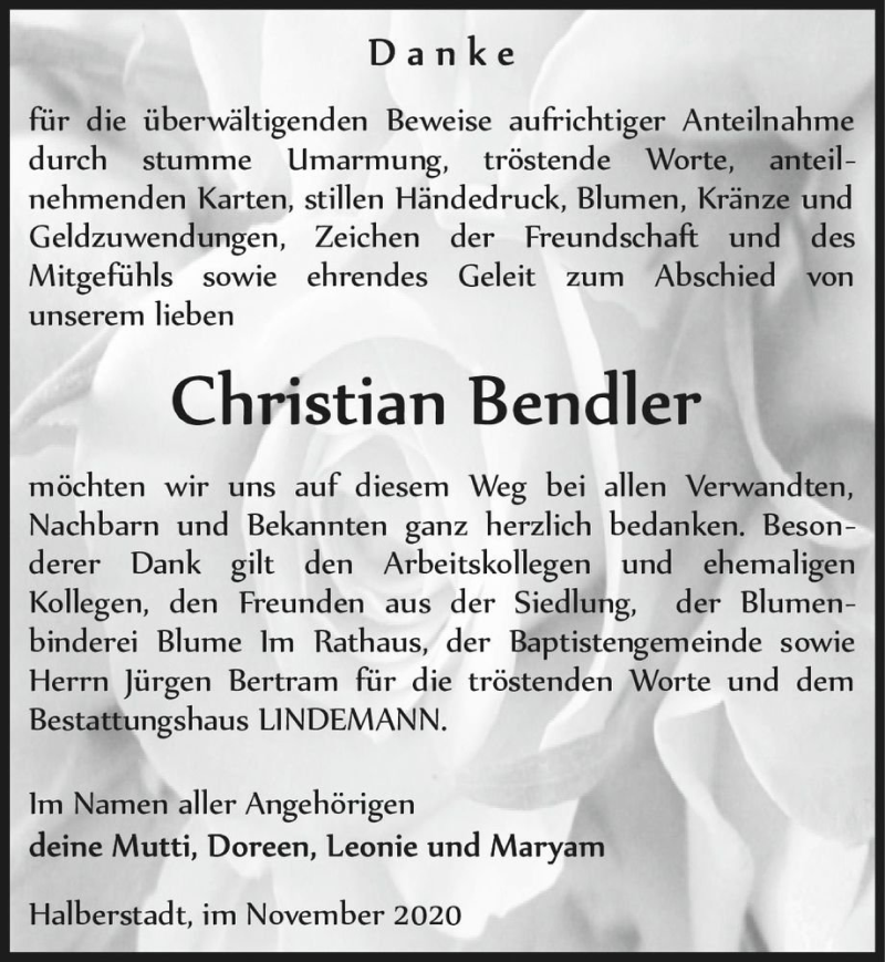  Traueranzeige für Christian Bendler  vom 21.11.2020 aus Magdeburger Volksstimme